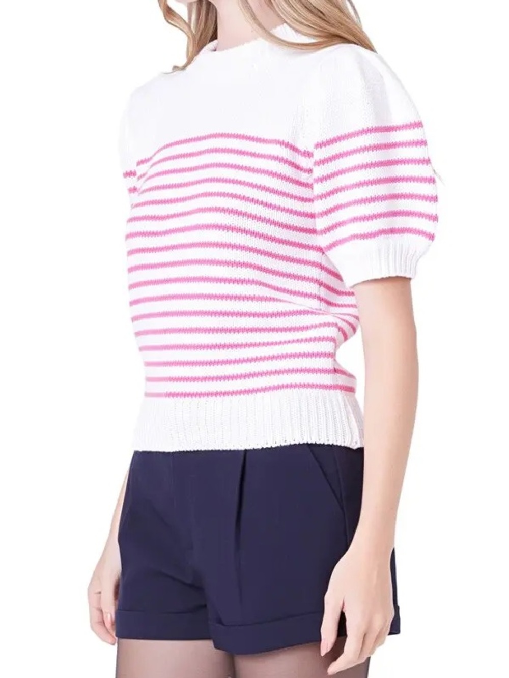 ENGLISH FACTORY White & Pink Striped Short-Sleeve Sweater Cotton Size Small